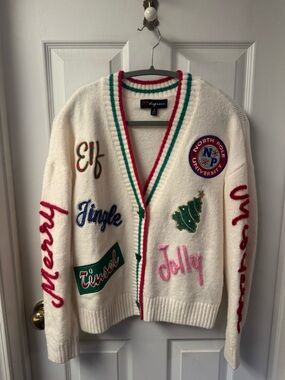 33 Degrees Cream Holiday Patch Cardigan with Red and Green Trim